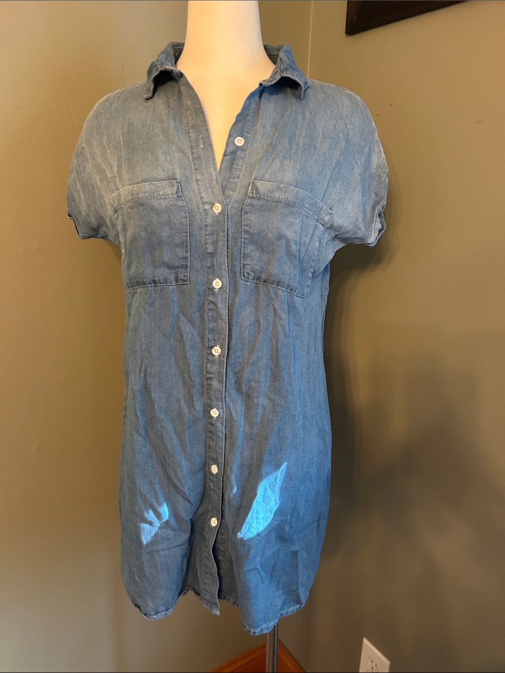 Light Blue Chambray Button-Front Mini Dress